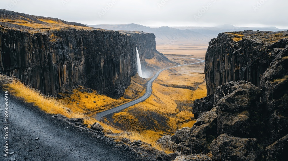Fototapeta premium Isolated black road in iceland with tall rock cliffs on sides and yellow grass leading to distant waterfall.