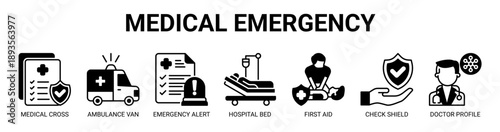 Medical Emergency web banner icon vector illustration concept with icon of medical cross, ambulance van, emergency alert, hospital bed, first aid, check shield, and doctor profile.
