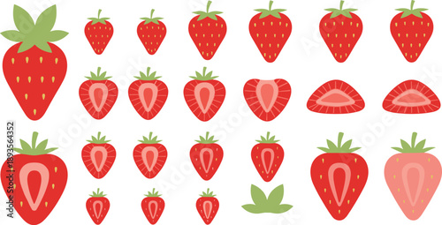 Strawberry Illustration Set with Whole Berries, Sliced Halves, Different Shapes, and Fresh Fruit Variations for Food Packaging, Recipes, and Healthy Design
