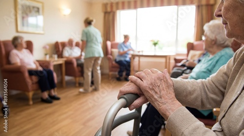 Seniors engaged in activities at a care home during afternoon hours with staff attending to their needs