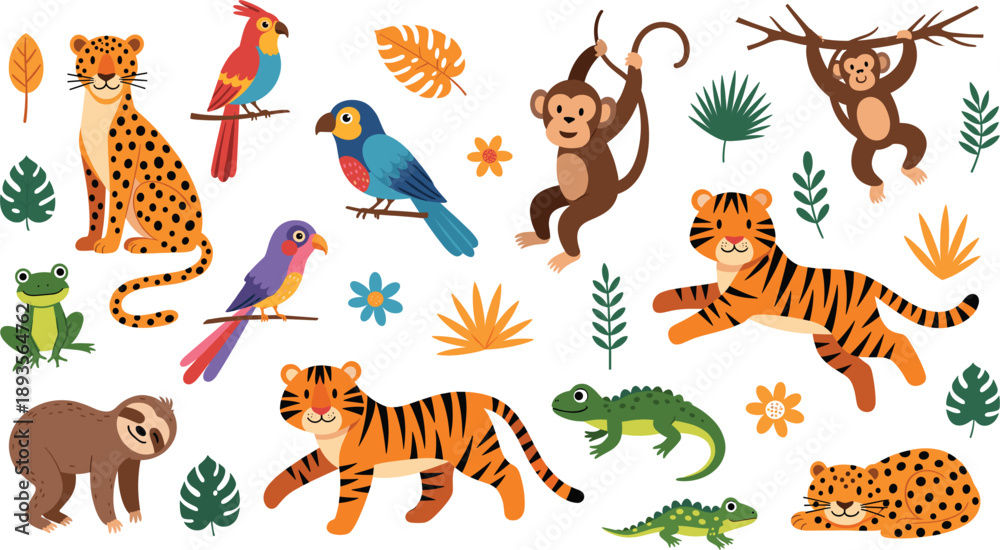 Fototapeta premium Cute Jungle Animals Vector Set With Tiger Monkey Leopard Birds Frog Crocodile And Tropical Leaves