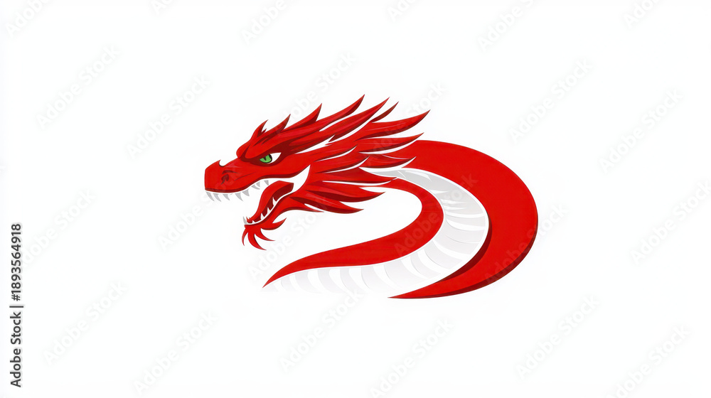 Obraz premium Red dragon head logo illustration fierce expression stylized design white background fantasy creature sports mascot modern graphic bold color dynamic shape