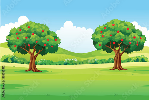 A serene landscape features two lush fruit bearing trees against a bright blue