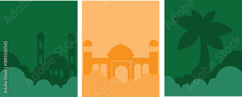 Minimalist Ramadan illustration featuring Islamic elements, mosque silhouettes. Suitable for banners, social media, posters, and festive backgrounds.