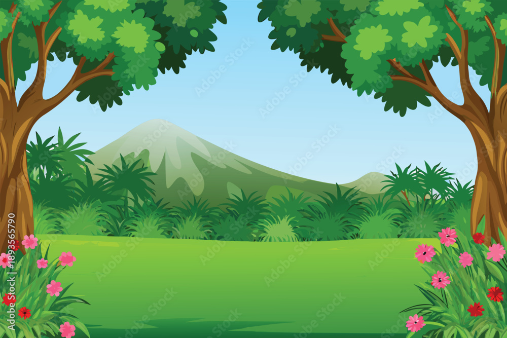 Obraz premium A vibrant landscape showcases trees framing a scenic mountain view backdrop high quality professional