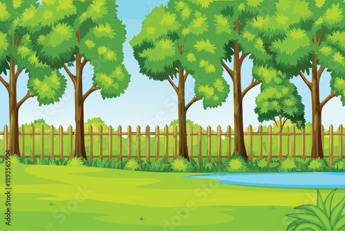 A vibrant illustration depicts a lush green landscape with trees and a fence