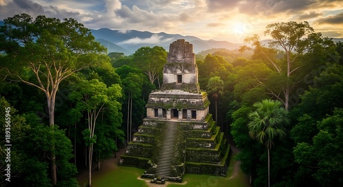 Ancient Mayan Temple in Tikal National Park, Guatemala at Sunset.
