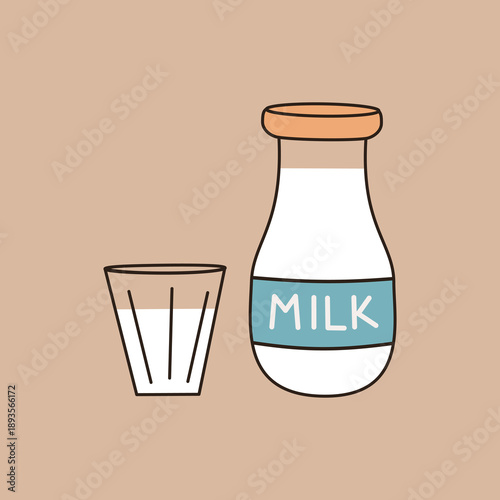 cute hand drawn cartoon milk bottle with glass vector illustration