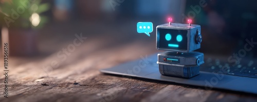 A cute, animated robot with glowing features sits on a laptop, ready to communicate, set against a warm, cozy background.