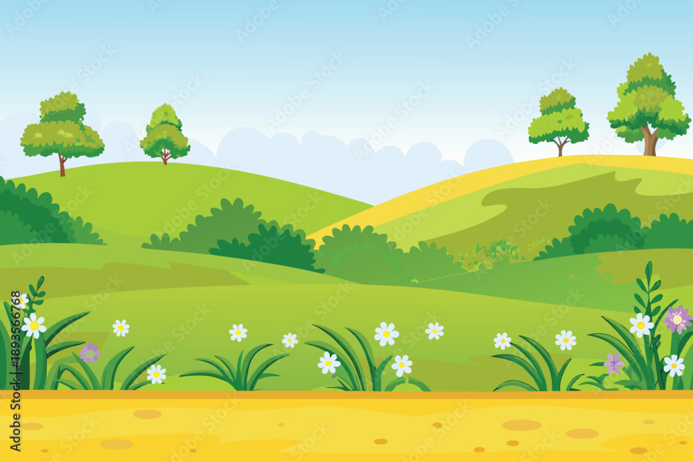 Naklejka premium A vibrant landscape depicts rolling green hills fluffy clouds and blossoming wildflowers high quality