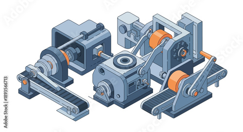 Industrial automation machinery with conveyor belt system and mechanical parts on an isolated white background