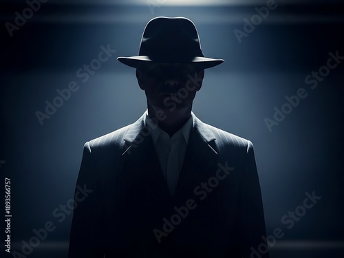 Mysterious Silhouette of a Man in a Fedora Hat and Suit. Generative Ai