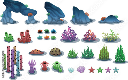 Underwater sea coral reef top down game objects