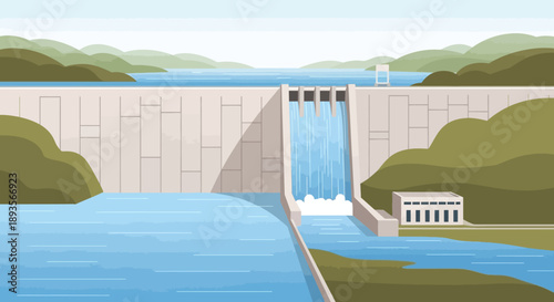 Hydroelectric dam with water flowing, generating clean energy amidst green hills under a bright blue sky, symbolizing renewable power.