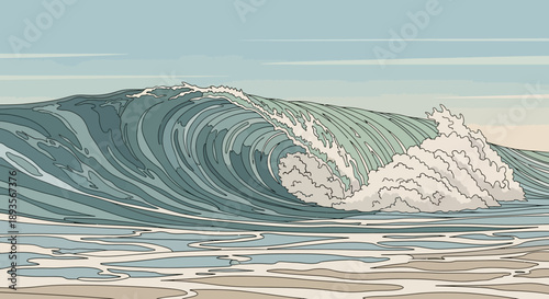 Powerful Ocean Wave Crashing on a Sandy Beach Under a Calm Sky