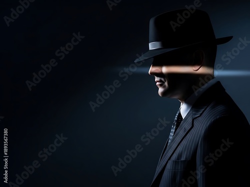 Side Profile of a Man in a Vintage Fedora and Pinstripe Suit. Generative Ai