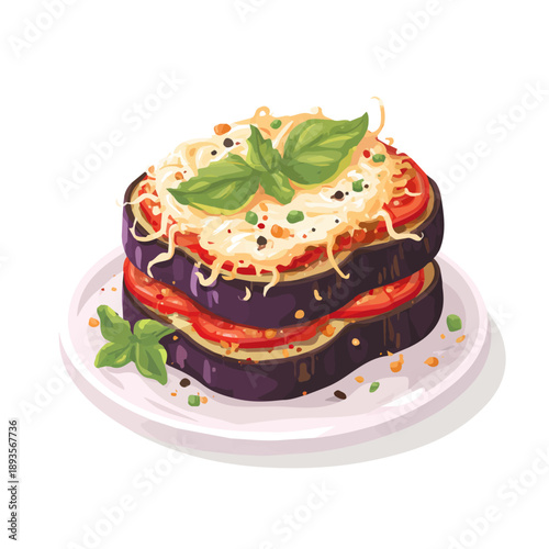 Minimalist 2D vector icon representation of a Eggplant Parmesan, displayed on a pure white background