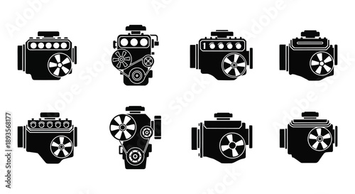 Black and white icons depicting various engine designs and components