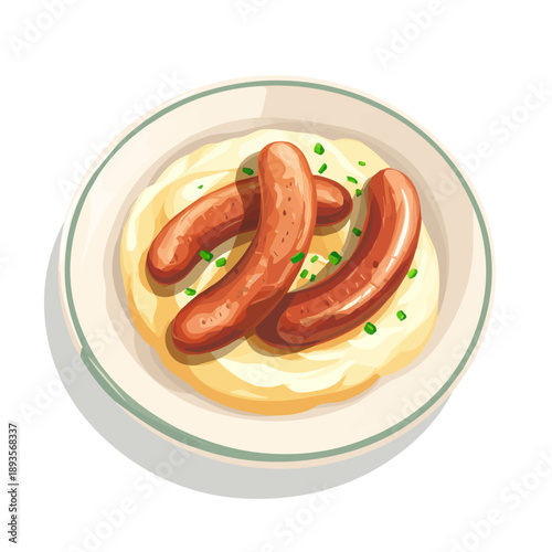 Simple flat 2D vector graphic of a Bangers And Mash in modern icon style, isolated on a white canvas