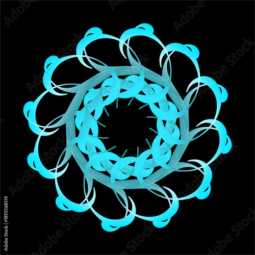 Icy turquoise arcs weave together in circular motion, forming a watery wreath, calm yet dynamic, like tides dancing endlessly.