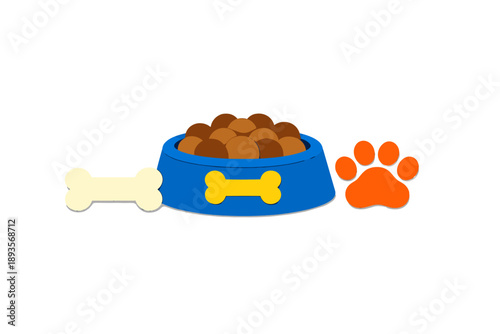 Dog food bowl with kibble and bone toy placed next to a paw print on a simple background showing pet care items for dogs