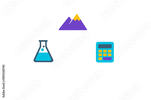 Elements of science and math combined in a creative graphic design featuring a mountain, a lab flask, and a calculator