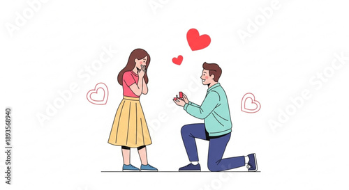 Man proposing marriage to a woman with a ring romantic proposal scene couple in love with hearts flat vector illustration for engagement or wedding concepts