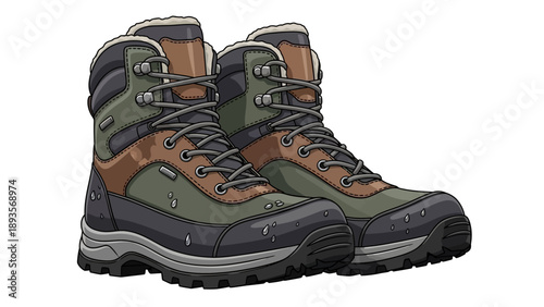 Pair of hiking boots with laces and rugged soles standing ready for adventure on a trekking path