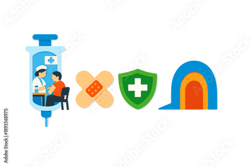 Health care and vaccination concepts shown through symbols of a syringe, bandage, medical shield, and tent
