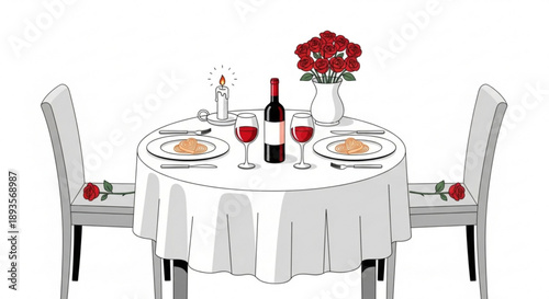 Romantic dinner table setting for two with wine roses and candlelight perfect for Valentines Day or anniversary celebration