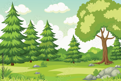A vibrant cartoon illustration depicts a lush green forest landscape with trees high quality