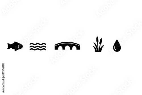 Symbols representing water elements such as fish, waves, a bridge, grass, and a drop