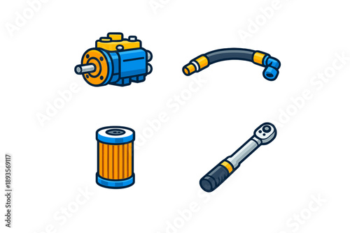Tools and parts for engine maintenance used in a garage during daytime for repairs and regular servicing of vehicles