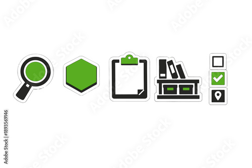 Icons representing various concepts related to research, organization, and location in a simple design with green and black colors