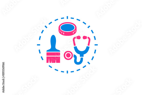 Different tools for various jobs in a circular arrangement, including a paintbrush, a stethoscope, and other items on a plain background
