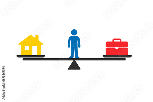 Balancing work and home life with a person on a scale between a house and a briefcase during the day