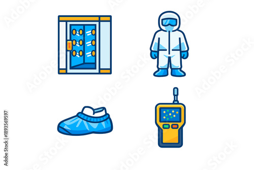 Different items used for safety and protection in a controlled environment may include suits, devices, and footwear found in labs or clean rooms