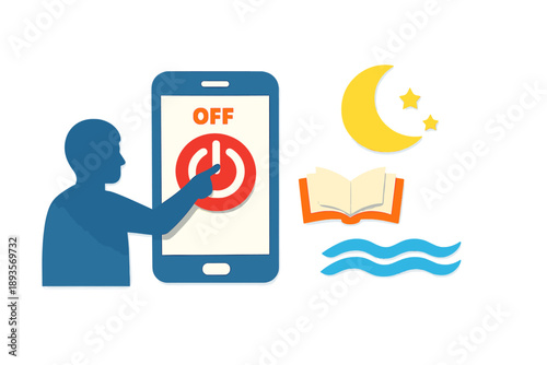 Switching off a phone at night with a book, moon, and waves in the background to indicate winding down for sleep