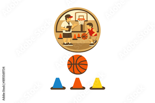 Training session with coach and child in basketball court focused on skill development in a gymnasium during daytime