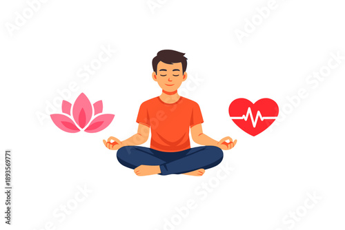 Person sits in a yoga pose with symbols of health and wellness on either side in a simple setting during daytime