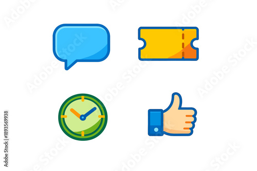 Different symbols representing communication, time management, ticketing, and approval on a plain white background