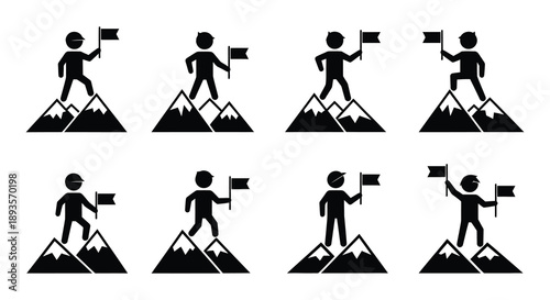 Stick figures celebrating success atop mountain peaks with flags