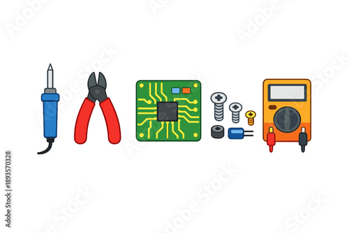 Tools and electronic components arranged on a plain background showing soldering iron, pliers, circuit board, and multimeter for DIY projects and repairs