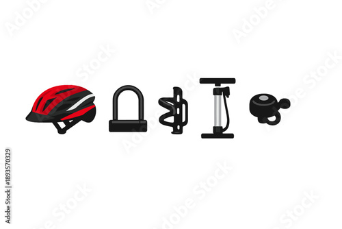 Bicycle safety gear and accessories displayed on a white background highlighting items used for cycling and bike security