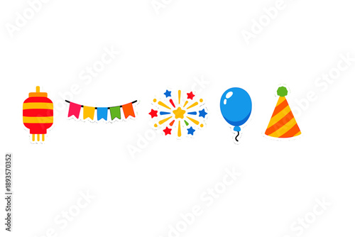 Colorful decorations for a celebration with festive items like lanterns, banners, balloons, and party hats arranged in a row for an event