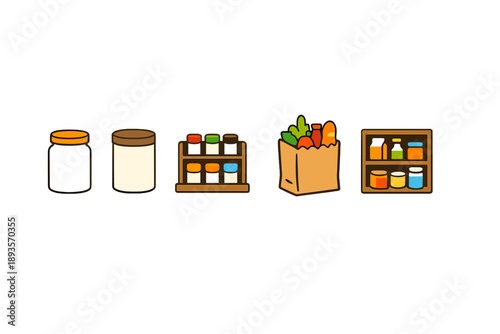 Different types of food storage items and grocery bags arranged in a sequence for organizing kitchen supplies and ingredients