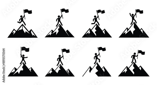 Stick figures celebrating success atop mountain peaks with flags