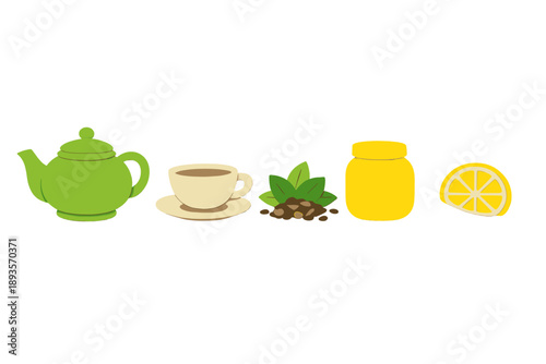 Making a drink with a teapot, cup, herbs, honey, and lemon during a cooking session in a kitchen