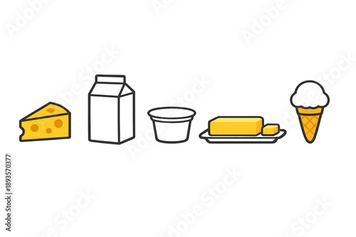 Dairy products arranged in a line showing cheese, milk, yogurt, butter, and ice cream with a cone, representing various uses in cooking and nutrition