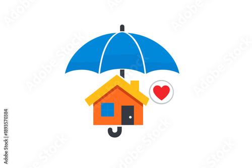 Graphic showing a house under a blue umbrella with a heart symbol representing home protection and care during uncertain times in a simple design
